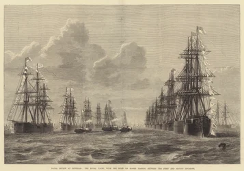 Naval Review at Spithead, the Royal Yacht, with the Shah on Board, passing between the First and Second Divisions